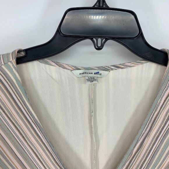 American Eagle Dress Stripe V Neck Wrap Button Down Tie Waist - Picture 4 of 11